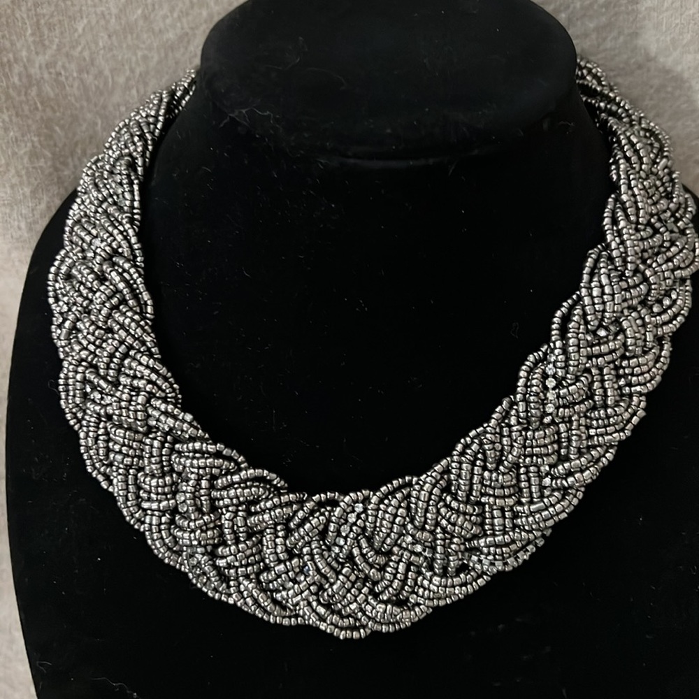 EUC Silver Beaded Braided Necklace